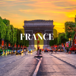 a large arch with trees and a road with cars in the background with Champs-Élysées in the background in france